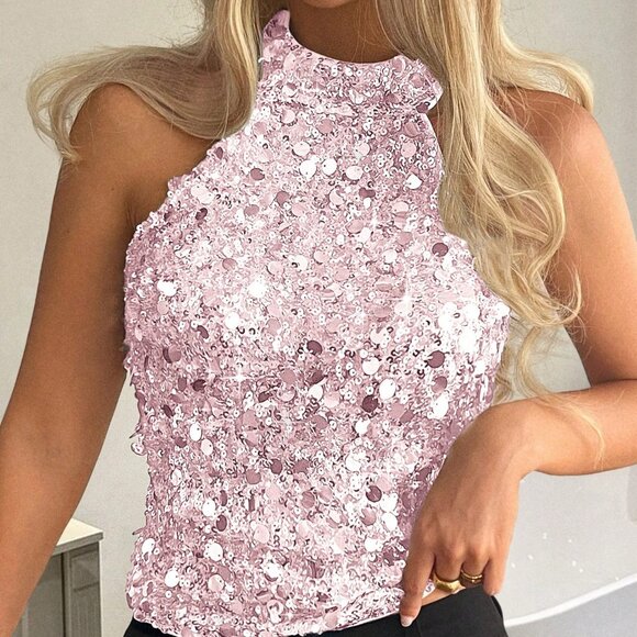 Pink Party Women's Christmas Strapless Sexy Sequin Top - Picture 3 of 6